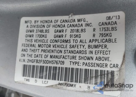 2013 Honda Civic Lx из США, поврежденный, VIN 2HGFB2F50DH576709